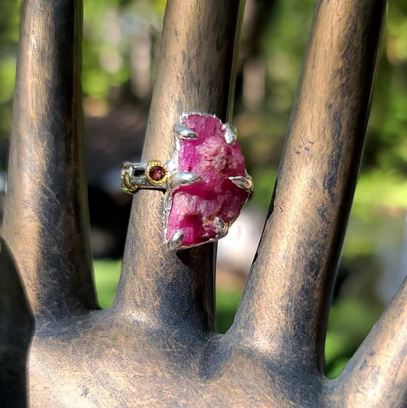 18k RAW Ruby & Rhodolite sterling & gold lattice ring sz8 - Picture 6 of 6